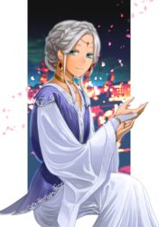  blue_eyes braid bridal_gauntlets cck_(ops) circlet dark-skinned_female dark_skin dress earrings female grey_hair jewelry long_sleeves looking_at_viewer neck_ring pixiv_fantasia pixiv_fantasia_age_of_starlight sidelocks sitting wide_sleeves 