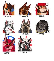  2019 akanbe alaskan_malamute anthro beard black_beard black_body black_facial_hair black_fur black_hair black_nose black_sclera blue_eyes brother_(lore) brothers_(lore) brown_beard brown_facial_hair canid canine canis character_name chris_(drks) claws clothing domestic_dog dreadlocks dress_shirt drks drks_(drks) ear_piercing ear_ring english_text eye_scar eyelid_pull_taunt facial_hair facial_scar felid finger_claws fingerless_gloves fox fur garnett german_shepherd gloves goatee gold_(metal) gold_tooth grey_body grey_fur group hair handwear hardy_(drks) herding_dog heterochromia hi_res husky jacket kawhi lion male mammal necktie nicolas_(drks) nordic_sled_dog open_mouth orange_hair pantherine pastoral_dog patrick_(drks) pawpads piercing pink_nose portrait purple_eyes red_clothing red_eyes red_hair red_shirt red_topwear redick ring ring_piercing scar sharp_teeth shirt sibling_(lore) sideburns smile smoke smoke_from_mouth spitz stripes tank_top taunting teeth text tiger tongue tongue_out topwear whiskers white_body white_fur white_hair wolf yellow_eyes yellow_sclera 