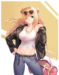  2020 ;) abe_nana ahoge bag bag_charm belt belt_buckle black_jacket blonde_hair braid breasts buckle character_charm character_doll character_name charm_(object) cleavage closed_mouth collarbone cowboy_shot denim double_bun etidekailo eyewear_on_head female green_eyes hair_bun hand_on_own_hip heart heart-shaped_eyewear highres holding holding_bag idolmaster idolmaster_cinderella_girls jacket jeans jewelry large_breasts long_hair long_sleeves looking_at_viewer midriff nail_polish necklace off_shoulder one_eye_closed open_clothes open_jacket pants photoshop_(medium) pink_nails red-tinted_eyewear sato_shin shirt single_bare_shoulder smile sunglasses swept_bangs tank_top tinted_eyewear torn_clothes torn_shirt two-tone_background zipper_pull_tab 