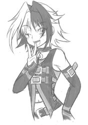  1boy artist_request bakuten_shoot_beyblade_rising beyblade beyblade_rising blush crossdressing dress gloves greyscale hair_intakes highres kagami_futsuki male_focus medium_hair monochrome one_eye_closed open_mouth otoko_no_ko simple_background smile solo source_request teeth white_background 