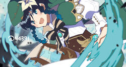  1boy :d androgynous beret black_hair blue_hair blurry blurry_background bow braid brooch cape collared_cape collared_shirt corset flower frilled_sleeves frills gem genshin_impact gradient_hair green_eyes green_hat green_shorts hair_flower hair_ornament hat holding holding_instrument instrument jewelry long_sleeves looking_at_viewer lyre male_focus multicolored_hair n4391 open_mouth pantyhose shirt short_hair_with_long_locks shorts smile solo twin_braids venti_(genshin_impact) vision_(genshin_impact) white_flower white_pantyhose white_shirt 