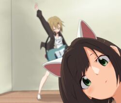  &gt;o&lt; 2girls :o animal_ears arm_up asterisk_(idolmaster) bass_guitar black_jacket blurry blurry_background blush breasts brown_hair cat_ears cleavage depth_of_field expressionless fake_animal_ears head head_tilt headphones highres idolmaster idolmaster_cinderella_girls indoors instrument ito_(itokayu) jacket looking_at_viewer maekawa_miku medium_breasts multiple_girls music outstretched_arm photobomb playing_instrument print_shirt shirt short_hair solo_focus tada_riina 