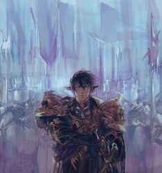  1boy 6+others armor aymeric_de_borel bad_id bad_pixiv_id black_gloves black_hair blue_eyes blue_sash commentary cowboy_shot cross diamond_earrings earrings elbow_gloves elezen elf final_fantasy final_fantasy_xiv fingerless_gloves flag frischenq full_armor gloves hair_between_eyes helmet high_collar highres holding holding_sword holding_weapon jewelry knight looking_at_viewer multiple_others pauldrons pointy_ears polearm sash sheath short_hair shoulder_armor single_earring solo_focus sword temple_knight_(final_fantasy_xiv) unsheathing upper_body weapon 