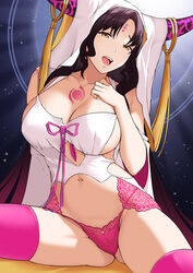  ass_visible_through_thighs bare_shoulders bbk_(13zk) black_hair breasts chest_tattoo cleavage collarbone commentary dress facial_mark fate/extra fate/extra_ccc fate_(series) female forehead_mark highres horn_ornament horn_ring horns large_breasts long_hair long_sleeves looking_at_viewer navel open_mouth panties parted_bangs pink_panties pink_thighhighs revealing_clothes sessyoin_kiara smile solo tattoo thighhighs thighs underwear veil wavy_hair white_dress wide_sleeves yellow_eyes 