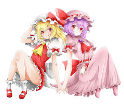  2girls :/ :q arm_across_waist ascot blonde_hair blouse blush bobby_socks bow brooch commentary_request flandre_scarlet frilled_skirt frills hair_between_eyes hand_on_headwear hat hat_ribbon head_tilt holding_hands jewelry knees_together_feet_apart knees_up long_skirt looking_at_viewer makoto5391 mary_janes mob_cap multiple_girls no_wings partial_commentary petticoat photoshop_(medium) pink_footwear pink_headwear pink_nails pink_shirt pink_skirt puffy_short_sleeves puffy_sleeves purple_hair red_ascot red_bow red_eyes red_footwear red_skirt red_vest remilia_scarlet ribbon shirt shoes short_hair short_sleeves siblings side-by-side side_ponytail simple_background sisters sitting skirt socks tongue tongue_out touhou vest white_background white_headwear white_legwear white_shirt wrist_cuffs yellow_ascot 