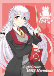  azu_rentarou azur_lane blush braid breasts brown_eyes character_name commentary_request copyright_name cosplay female grey_hair gryffindor harry_potter_(series) hermione_(azur_lane) hermione_granger hermione_granger_(cosplay) hogwarts_school_uniform holding holding_wand large_breasts logo_parody long_hair long_sleeves name_connection necktie photoshop_(medium) royal_navy_emblem_(azur_lane) school_uniform smile striped striped_necktie wand wizarding_world 