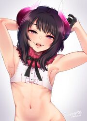  1boy alp_(alp_switch) armpits arms_up brown_hair crop_top demon_horns derivative_work fangs flat_chest fur_collar gloves half_gloves highres horns karasuma_yayoi looking_at_viewer original purple_eyes short_hair smile solo 