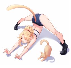  :3 ass bandeau black_footwear blonde_hair blush boots cat_stretch cat_tail closed_eyes denim denim_shorts fate/grand_order fate_(series) feline female highres jack-o&#039;_challenge long_hair mordred_(fate) mordred_(fate/apocrypha) mordred_(memories_at_trifas)_(fate) open_mouth pankeiki red_scrunchie scrunchie shadow short_shorts shorts solo spread_legs stretching tail whiskers wide_spread_legs 