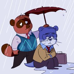  1:1 2019 animal_crossing anthro bottomwear brown_body brown_fur canid canine clothing duo eyewear finsterwalds fur glasses hi_res lyle_(animal_crossing) male mammal mustelid nintendo otter pants raccoon_dog raining shirt sitting tanuki tom_nook_(animal_crossing) topwear umbrella 