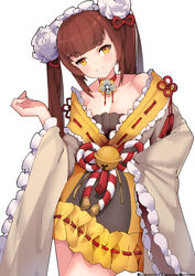  aduo bangs bell brown_hair dress exorcist_miya feet_out_of_frame female flat_chest grin guardian_tales hair_ornament hairclip highres jewelry necklace smile twintails white_background yellow_dress yellow_eyes 