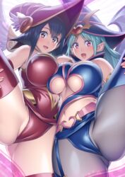  2girls apple_magician_girl aqua_hair black_hair blush breasts cameltoe chocolate_magician_girl cowboy_shot duel_monster hat highres large_breasts multiple_girls navel open_mouth pointy_ears red_eyes suzume_inui thighhighs underboob wizard_hat yu-gi-oh! 