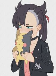  aqua_eyes black_hair black_jacket black_nails blush choker female holding holding_pokemon jacket marnie_(pokemon) morpeko morpeko_(full) pokemon pokemon_(creature) pokemon_swsh smile tonmoh twintails 