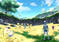  1boy arm_up bad_id bad_pixiv_id banned_artist belt braid braided_ponytail butterfree cloud commentary_request cutiefly day dulse_(pokemon) female field flower flower_field gloves green_gloves helmet jumpsuit kneeling long_hair nin_(female) orange_hair oricorio oricorio_(pom-pom) outdoors petals pokemon pokemon_(creature) pokemon_(game) pokemon_usum sky standing tree ultra_recon_squad_uniform white_belt white_footwear zossie_(pokemon) 