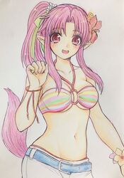  :d arm_at_side belt bikini bikini_skirt bikini_top_only blue_belt blush breasts cleavage clenched_hand collarbone colored_pencil_(medium) commentary_request cowboy_shot female flower green_ribbons hair_flower hair_ornament hair_ribbon halterneck hand_up hibiscus higemaccho high_ponytail highres long_hair looking_at_viewer medium_breasts millie_chliette navel o-ring o-ring_bikini o-ring_top open_mouth parted_bangs pink_flower pink_hair pink_tail pointy_ears red_eyes red_flower ribbon side_ponytail sidelocks simple_background smile solo standing star_ocean star_ocean_first_departure straight_hair striped_bikini striped_clothes swimsuit tail tail_raised traditional_media underboob white_background white_bikini white_flower wrist_flower wrist_ribbon yellow_flower 