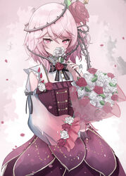  absurdres black_bow bouquet bow clothing_cutout covered_mouth dress female flower hair_flower hair_ornament highres holding holding_bouquet holding_flower medium_hair namishiron nijisanji nijisanji_en pink_hair plant red_dress red_flower red_rose rose rosemi_lovelock rosemi_lovelock_(1st_costume) short_sidetail shoulder_cutout solo thorns vines virtual_youtuber white_flower white_rose 