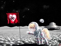  absurd_res aryanne_(character) atlas-66 blonde_hair closed_eyes earth earth_pony equid equine fan_character female feral flag flag_(object) flying_saucer gesture hair hasbro heart_flag heart_symbol hi_res horse mammal moon my_little_pony nazi nazi_salute planet pony salute smile solo space spacecraft spacesuit star swastika ufo vehicle 