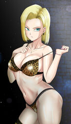  android_18 animal_print aqua_eyes blonde_hair bra bra_pull bracelet breasts closed_mouth clothes_pull collarbone contrapposto dragon_ball dragon_ball_z earrings female forehead from_side hands_up jewelry lace-trimmed_panties lace_trim large_breasts leopard_print mature_female minpei_ichigo navel necklace panties pink_nails print_bra print_panties pulling_own_clothes short_hair skindentation solo stomach strap_pull thighhighs underwear 