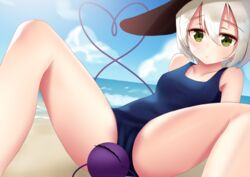  beach black_hat blue_one-piece_swimsuit breasts cloud collarbone expressionless eyeball feet_out_of_frame female green_eyes hair_between_eyes hat heart heart_of_string highres komeiji_koishi light_green_hair m_legs mantou_xiang medium_hair ocean one-piece_swimsuit outdoors small_breasts solo spread_legs swimsuit third_eye touhou wavy_hair 