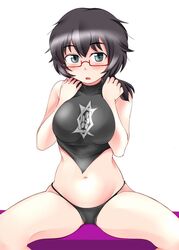  black_eyes black_hair black_panties black_shirt blush breasts commentary emblem female girls_und_panzer glasses halterneck large_breasts looking_at_viewer medium_hair messy_hair navel no_pants open_mouth oryou_(girls_und_panzer) panties red-framed_eyewear sakamoto_clan_(emblem) semi-rimless_eyewear shirt short_ponytail simple_background sitting solo string_panties tanaka_rikimaru under-rim_eyewear underwear white_background 