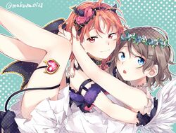  2girls :o ahoge angel_and_devil angel_wings aqua_eyes bad_id bad_twitter_id black_gloves black_wings blue_eyes blue_flower brown_hair choker commentary_request demon_horns demon_tail demon_wings dress feathered_wings flower gloves hair_ornament hairpin head_wreath heart highres horns hug looking_at_viewer love_live! love_live!_sunshine!! makura_(makura0128) multiple_girls orange_hair outline red_eyes smile tail takami_chika twitter_username watanabe_you white_dress white_flower white_outline white_wings wings yuri 