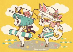  2girls animal_ears bag blonde_hair blue_eyes blush boater_hat cat_ears cat_tail cloud commentary ears_through_headwear flip-flops flower from_side full_body hair_ribbon hat hat_flower imatomo_mahya innertube long_hair multiple_girls multiple_tails one-piece_swimsuit original profile ribbon sand sandals seashell shell short_hair shoulder_bag simple_background smile sun_hat swim_ring swimsuit symbol-only_commentary tail two_tails yellow_background 