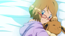  aki_(yunkana) bed_sheet bespectacled blue_eyes blush closed_mouth commentary_request eevee eyelashes female from_above glasses hood hood_down light_brown_hair looking_to_the_side lying on_side pajamas pokemon pokemon_(anime) pokemon_(creature) pokemon_xy_(anime) raised_eyebrows serena_(pokemon) short_hair smile 