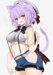  absurdres animal_ear_fluff animal_ears beret black_bow black_bowtie black_panties blue_eyes blue_shorts bow bowtie breasts cat_ears cat_girl cat_tail cosplay cropped_shirt female fujisaki_hikari grey_shirt hair_between_eyes hat highres hip_vent holding holding_clothes holding_panties holding_underwear hololive looking_at_viewer navel nekomata_okayu no_panties oerba_yun_fang official_alternate_costume oozora_subaru oozora_subaru_(cosplay) oozora_subaru_(work) open_mouth panties pinstripe_pattern pinstripe_shirt presenting_removed_panties purple_hair ribbon shirt short_hair shorts sleeveless sleeveless_shirt smile solo star_(symbol) striped_clothes striped_shirt suspender_shorts suspenders tail underwear unworn_panties vertical-striped_clothes vertical-striped_shirt virtual_youtuber 