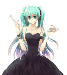  :q armband bare_shoulders black_dress black_ribbon blue_hair cake collarbone dress eto_ichika eyebrows female food fork frilled_armband frilled_hat frills fruit green_eyes green_hair green_nails hair_ornament hair_ribbon hat hatsune_miku headdress highres holding holding_fork holding_plate long_hair looking_at_viewer multicolored_hair nail_polish parted_bangs plate ribbon scrunchie simple_background smile solo strapless strapless_dress tongue tongue_out twintails two-tone_hair vocaloid white_background wristband 