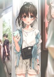  :o bag blue_jacket blurry blurry_background blush brown_eyes brown_hair casual cellphone collarbone commentary depth_of_field female grey_shorts highres holding holding_phone indoors jacket kukiha looking_at_viewer off_shoulder open_clothes open_jacket open_mouth original phone ponytail rolling_suitcase shirt shorts smartphone standing suitcase symbol-only_commentary watch white_shirt wristwatch 