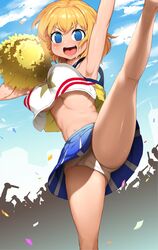  :d alice_margatroid arm_up armpits blonde_hair blue_eyes blue_skirt blue_sky blush breasts cameltoe cheerleader cloud commentary_request confetti cookie_(touhou) crop_top day dutch_angle empty_eyes feet_out_of_frame female hair_between_eyes highres kneepits large_breasts leg_up looking_at_viewer navel open_mouth outdoors panties pantyshot people pom_pom_(cheerleading) shirt short_hair sinzen skirt sky smile solo_focus star_(symbol) star_print tan teeth tongue touhou underwear upper_teeth_only v-shaped_eyebrows web_(cookie) white_panties white_shirt 