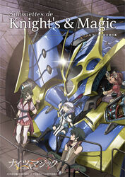  2boys 2girls adeltrud_walter archid_walter black_hair black_pants blue_eyes boots brown_eyes brown_footwear brown_jacket copyright_name cover cover_page dark-skinned_female dark_skin ernesti_echevalier goggles goggles_on_head grey_hair ikaruga_(knight&#039;s_&amp;_magic) jacket knight&#039;s_&amp;_magic leaning_back mecha multiple_boys multiple_girls novel_cover official_art pants pink_jacket pink_skirt red_eyes robot science_fiction shiny sitting skirt sleeveless sleeveless_jacket smile tenjin_hidetaka twintails v-fin 