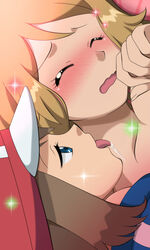  2girls aki_(yunkana) ash_ketchum_(cosplay) baseball_cap blue_eyes blue_jacket blush brown_hair closed_eyes commentary_request cosplay eyelashes hat highres jacket licking licking_another&#039;s_neck light_brown_hair may_(pokemon) multiple_girls open_mouth pokemon pokemon_(anime) pokemon_rse_(anime) pokemon_xy_(anime) raised_eyebrows red_headwear saliva satoshi_(pokemon) serena_(pokemon) sparkle tongue tongue_out wavy_mouth yuri 