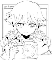  bad_id bad_reddit_id basil_(faraway)_(omori) basil_(omori) blush camera closed_mouth flower frown greyscale hair_between_eyes highres holding holding_camera lain_(basilomori) line_art looking_away monochrome omori short_hair simple_background sunflower sweat sweatdrop upper_body white_background windows_desktop 