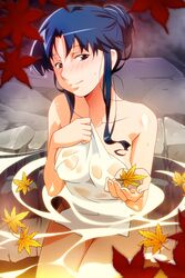  autumn_leaves bathing blue_eyes blue_hair blush feet_out_of_frame female fujiwara_aya half_updo holding holding_leaf leaf long_hair looking_at_viewer naked_towel non-web_source official_art onsen partially_submerged photoshop_(medium) rock seductive_smile sidelocks sitting smile solo super_real_mahjong tanaka_ryou towel water wet 