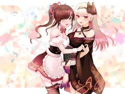  2girls :d apron bare_shoulders black_kimono black_legwear blonde_hair breasts brown_hair cleavage_cutout clothing_cutout commentary_request commission detached_sleeves earrings fox_mask frills gradient_hair green_eyes hair_ornament hair_ribbon highres indie_virtual_youtuber japanese_clothes jewelry kimono large_breasts long_hair looking_at_viewer makurano_neena mask mask_on_head miori_celesta miori_celesta_(4th_costume) mole mole_under_mouth multicolored_hair multiple_girls musical_note musical_note_hair_ornament oekaki3nekoneko off_shoulder open_mouth pink_hair ponytail production_kawaii puffy_detached_sleeves puffy_sleeves red_eyes red_ribbon ribbon skeb_commission smile staff_(music) star_(symbol) star_in_eye symbol_in_eye tassel tassel_earrings thighhighs treble_clef twitter_username virtual_youtuber waist_apron wide_sleeves 