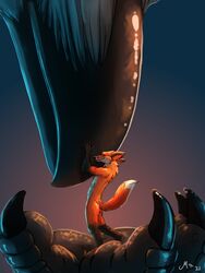  2021 3:4 ambiguous_gender anthro avian beak black_feet black_talons canid canine character_in_hand claws duo extreme_size_difference feet fox fur gradient_background hi_res holding_character hug magpi male male/ambiguous mammal micro micro_focus nude on_hand orange_body orange_fur signature simple_background size_difference 