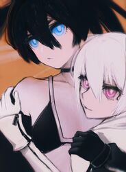  2girls bikini black_bikini black_choker black_gloves black_hair black_rock_shooter black_rock_shooter_(character) black_rock_shooter_(game) blue_eyes choker closed_mouth collarbone flat_chest gloves hair_between_eyes hand_on_another&#039;s_shoulder highres ly_(pixiv13839236) multiple_girls orange_background pink_eyes smile stella_(black_rock_shooter) swimsuit twintails upper_body white_gloves white_hair white_rock_shooter 