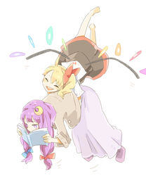  2girls alternate_costume barefoot black_skirt blonde_hair blue_bow book bow carrying closed_eyes commentary_request crescent crescent_hair_ornament flandre_scarlet flying hair_ornament hairbow holding holding_book long_hair multiple_girls no_headwear open_mouth patchouli_knowledge purple_eyes purple_footwear purple_hair purple_skirt reading red_bow shirt side_ponytail simple_background skirt smile touhou white_background white_shirt wings ziro_(daydozen) 