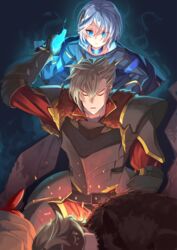  2boys arm_up armor belt black_gloves blue_choker blue_eyes choker closed_eyes damin_(mountain_of_heaven) ear_piercing female gloves glowing glowing_hand grey_hair hair_between_eyes hair_ornament highres luna_kuniculus lying multiple_boys on_side piercing pixiv_fantasia pixiv_fantasia_mountain_of_heaven sasebono_mari short_hair sitting slade_whirlfleet spiked_hair white_hair 