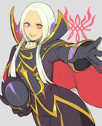  blush breasts cape code_geass commentary cosplay edelgard_von_hresvelg fabulous female fire_emblem fire_emblem:_three_houses geass gloves helmet heterochromia highres jivke lelouch_vi_britannia long_hair looking_at_viewer order_of_the_black_knights_uniform purple_eyes red_cape simple_background smile solo zero_(code_geass) zero_(code_geass)_(cosplay) 