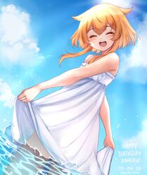  :d absurdres bare_arms bare_shoulders blonde_hair blue_sky blush closed_eyes dated day english_text facing_viewer female glint hair_flaps happy_birthday highres indie_virtual_youtuber kaheru_(vtuber) ocean oerba_yun_fang open_mouth outdoors sidelocks signature skirt_hold sky smile solo temachii virtual_youtuber wading white_hair 