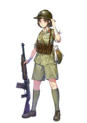  absurdres adjusting_clothes adjusting_headwear bag bandaid bandaid_on_arm bandaid_on_hand blood blood_on_clothes breasts brown_footwear brown_hair chinese_commentary closed_mouth collared_shirt commentary_request female full_body green_bag green_hat green_jacket green_shorts gun hand_up hat helmet highres holding holding_gun holding_weapon jacket kuomintang leg_wrap light_machine_gun looking_at_viewer medium_breasts military military_hat military_uniform national_revolutionary_army original puttee second_sino-japanese_war shirt shoes short_hair short_sleeves shorts shoulder_bag sig_ke-7 simple_background solo standing tuziki_sang uniform weapon white_background white_shirt world_war_ii yellow_eyes 