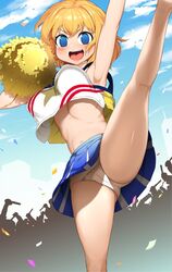  :d alice_margatroid arm_up armpits blonde_hair blue_eyes blue_skirt blue_sky blush breasts cameltoe cheerleader cloud commentary_request confetti cookie_(touhou) crop_top day dutch_angle empty_eyes feet_out_of_frame female hair_between_eyes highres kneepits large_breasts leg_up looking_at_viewer navel open_mouth outdoors panties pantyshot people pom_pom_(cheerleading) shirt short_hair sinzen skirt sky smile solo_focus star_(symbol) star_print teeth tongue touhou underwear upper_teeth_only v-shaped_eyebrows web_(cookie) white_panties white_shirt 