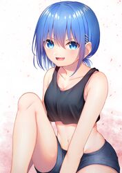  alternate_costume black_tank_top blue_eyes blue_hair blush breasts cleavage commentary_request female groin hair_between_eyes highres knee_to_chest looking_at_viewer mahou_shoujo_madoka_magica mahou_shoujo_madoka_magica_(anime) medium_breasts miki_sayaka navel rin-eri-m0218 short_hair solo tank_top 