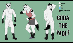  absurd_res anthro arm_on_head beverage black_bars black_body black_fur black_nose bottomwear canid canine canis chinou_nagesuki clothing coda_the_wolf coffee coffee_mug color_contrast colored crotch_tuft dipstick_tail ears_up fluffy footwear fur green_background heart_(marking) heart_symbol heartbroken hi_res letterbox male mammal markings model_sheet multicolored_tail neck_tuft shirt shoes shorts simple_background slippers solo tail tail_markings tank_top text topwear tuft white_body white_fur wolf 