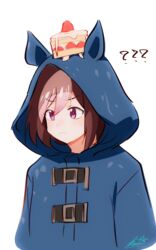  ? ?? animal_ears animal_hood blue_coat brown_hair cake cake_slice closed_mouth coat female food food_on_head highres hood hood_up horse_ears horse_girl horse_hood medium_hair object_on_head pink_hair purple_eyes ryusei_hashida signature simple_background solo special_week_(umamusume) strawberry_shortcake umamusume upper_body white_background 