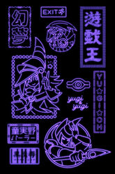  black_background blue-eyes_white_dragon character_name circle commentary_request copyright_name dark_magician dark_magician_girl duel_monster exit_sign koma_yoichi millennium_eye neon_lights no_humans simple_background star_(symbol) translated yu-gi-oh! 