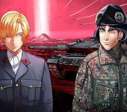  2boys alejandro_ostrey black_hair blonde_hair blue_eyes bundeswehr commentary_request german_flag leopard_2 luke_von_eberburg male_focus military military_uniform military_vehicle motor_vehicle multiple_boys nogami_takeshi official_art senyoku_no_sigrdrifa tank uniform upper_body 