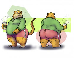  3_toes 4_fingers anthro benjamin_clawhauser beverage brown_nose cheetah claws clothing coffee digital_media_(artwork) disney feet felid feline fingers fur holding_object male mammal markings overweight overweight_anthro overweight_male simon_well smile spots spotted_body spotted_fur teeth toe_claws toes whiskers yellow_body yellow_fur zootopia 