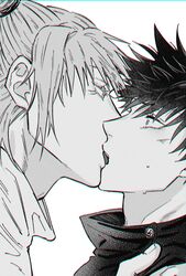  2boys buttons commentary_request double_bun eye_contact eyelashes fingernails french_kiss fushiguro_megumi fushirun_rung hair_between_eyes hair_bun high_collar highres jacket jujutsu_kaisen kashimo_hajime kissing korean_commentary looking_at_another male_focus monochrome multiple_boys nose portrait school_uniform short_hair sidelocks spiked_hair surprise_kiss surprised sweatdrop tongue tongue_out yaoi 